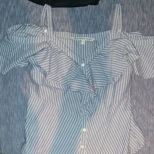 Veronica Beard Blue and White Striped Cold Shoulder Style Blouse